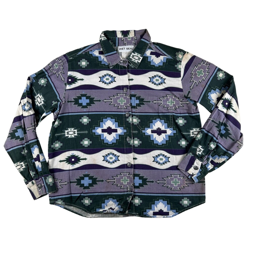 Vtg Wet Seal Shirt Womens Medium Multicolor Southwestern Button Up Brushpopper